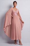 Hemelsblauwe A-lijn chiffon V-hals midi Mother Of the Bride jurk met cape mouwen