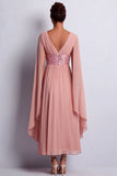 Hemelsblauwe A-lijn chiffon V-hals midi Mother Of the Bride jurk met cape mouwen