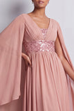 Hemelsblauwe A-lijn chiffon V-hals midi Mother Of the Bride jurk met cape mouwen