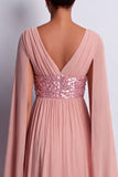 Hemelsblauwe A-lijn chiffon V-hals midi Mother Of the Bride jurk met cape mouwen