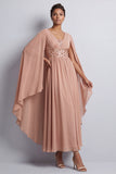 Hemelsblauwe A-lijn chiffon V-hals midi Mother Of the Bride jurk met cape mouwen