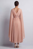 Hemelsblauwe A-lijn chiffon V-hals midi Mother Of the Bride jurk met cape mouwen