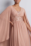 Hemelsblauwe A-lijn chiffon V-hals midi Mother Of the Bride jurk met cape mouwen