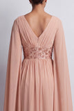 Hemelsblauwe A-lijn chiffon V-hals midi Mother Of the Bride jurk met cape mouwen