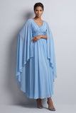 Hemelsblauwe A-lijn chiffon V-hals midi Mother Of the Bride jurk met cape mouwen