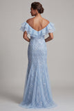 Off-the-shoulder lichtblauwe zeemeermin met ruches pailletten lange moeder van de bruid jurk met split