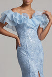 Off-the-shoulder lichtblauwe zeemeermin met ruches pailletten lange moeder van de bruid jurk met split