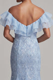 Off-the-shoulder lichtblauwe zeemeermin met ruches pailletten lange moeder van de bruid jurk met split