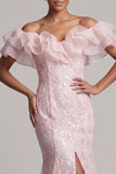 Off-the-shoulder lichtblauwe zeemeermin met ruches pailletten lange moeder van de bruid jurk met split
