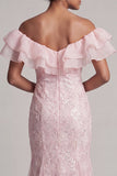 Off-the-shoulder lichtblauwe zeemeermin met ruches pailletten lange moeder van de bruid jurk met split