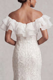 Off-the-shoulder lichtblauwe zeemeermin met ruches pailletten lange moeder van de bruid jurk met split