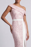 Eén schouder stoffige blauwe zeemeermin pailletten midi moeder van de bruid jurk met split