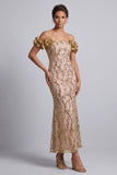 Roze Off The Shoulder zeemeermin pailletten midi Mother Of The Bride Jurk met 3D bloemen