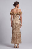 Roze Off The Shoulder zeemeermin pailletten midi Mother Of The Bride Jurk met 3D bloemen