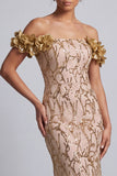 Roze Off The Shoulder zeemeermin pailletten midi Mother Of The Bride Jurk met 3D bloemen