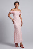 Roze Off The Shoulder zeemeermin pailletten midi Mother Of The Bride Jurk met 3D bloemen