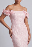 Roze Off The Shoulder zeemeermin pailletten midi Mother Of The Bride Jurk met 3D bloemen