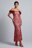 Roze Off The Shoulder zeemeermin pailletten midi Mother Of The Bride Jurk met 3D bloemen