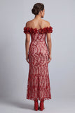 Roze Off The Shoulder zeemeermin pailletten midi Mother Of The Bride Jurk met 3D bloemen