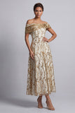 Rode A-lijn pailletten met off-the-shoulder midi Mother of the Bride jurk