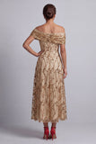 Rode A-lijn pailletten met off-the-shoulder midi Mother of the Bride jurk