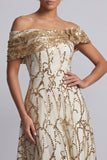 Rode A-lijn pailletten met off-the-shoulder midi Mother of the Bride jurk
