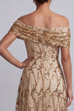 Rode A-lijn pailletten met off-the-shoulder midi Mother of the Bride jurk