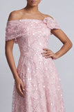 Rode A-lijn pailletten met off-the-shoulder midi Mother of the Bride jurk