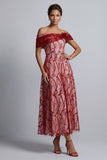 Rode A-lijn pailletten met off-the-shoulder midi Mother of the Bride jurk