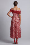 Rode A-lijn pailletten met off-the-shoulder midi Mother of the Bride jurk