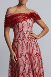 Rode A-lijn pailletten met off-the-shoulder midi Mother of the Bride jurk