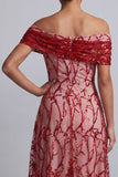 Rode A-lijn pailletten met off-the-shoulder midi Mother of the Bride jurk