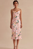 Roze Zeemeermin Bloemen Spaghetti Straps Midi Jurk
