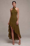 Chiffon olijfgroene A-lijn halter hals midi jurk met ruches