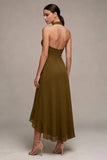 Chiffon olijfgroene A-lijn halter hals midi jurk met ruches