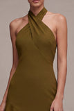 Chiffon olijfgroene A-lijn halter hals midi jurk met ruches