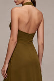 Chiffon olijfgroene A-lijn halter hals midi jurk met ruches