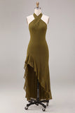 Chiffon olijfgroene A-lijn halter hals midi jurk met ruches