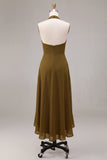 Chiffon olijfgroene A-lijn halter hals midi jurk met ruches