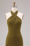 Chiffon olijfgroene A-lijn halter hals midi jurk met ruches