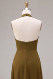 Chiffon olijfgroene A-lijn halter hals midi jurk met ruches