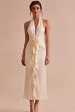 Chiffon abrikozenzeemeermin halter hals gerimpelde midi jurk met ruches en 3D bloem