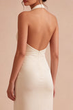 Chiffon abrikozenzeemeermin halter hals gerimpelde midi jurk met ruches en 3D bloem