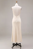 Chiffon abrikozenzeemeermin halter hals gerimpelde midi jurk met ruches en 3D bloem