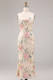 Witte roze bloemenhals met zeemeermin-pailletten midi-jurk met split