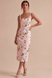 Bodycon roze vierkante hals midi bloemenjurk met split