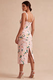 Bodycon roze vierkante hals midi bloemenjurk met split
