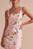 Bodycon roze vierkante hals midi bloemenjurk met split