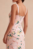 Bodycon roze vierkante hals midi bloemenjurk met split