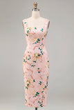 Bodycon roze vierkante hals midi bloemenjurk met split